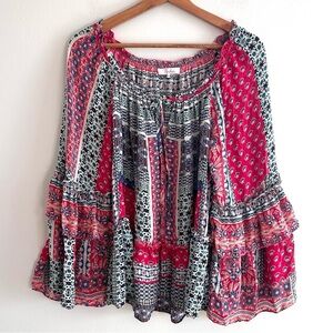 Parker patchwork print boho peasant ruffle sleeve silk blouse medium